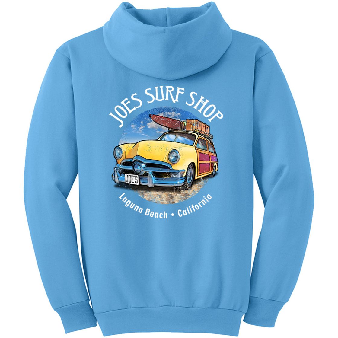 Joe's Surf Shop Yellow Woody with Surfboards Pullover Surf Hoodie