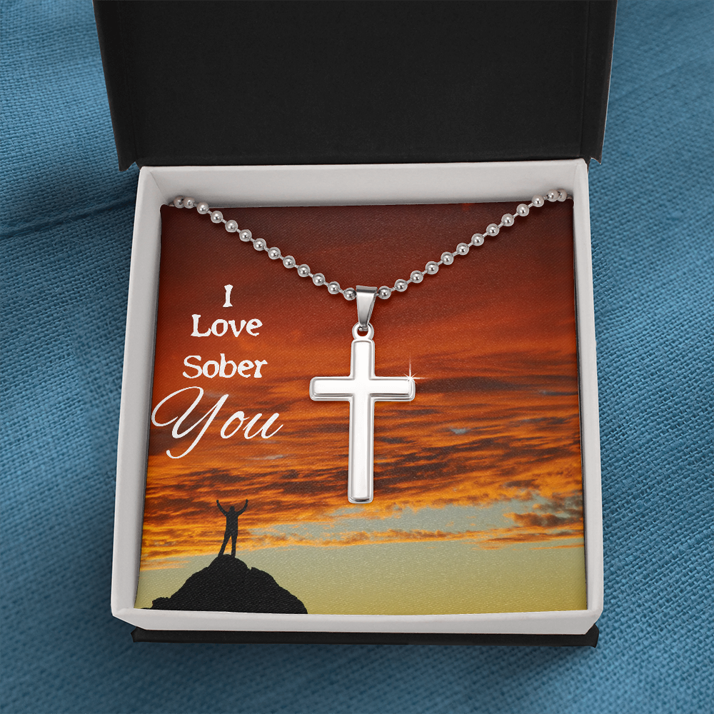 Sobriety Recovery Cross Pendant and Chain Necklace (Men or Women)  "I Love Sober You"