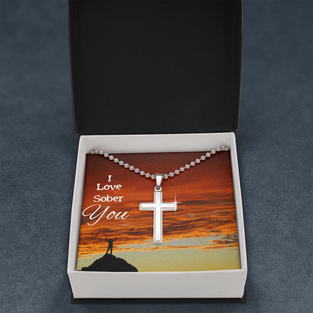 Sobriety Recovery Cross Pendant and Chain Necklace (Men or Women)  "I Love Sober You"