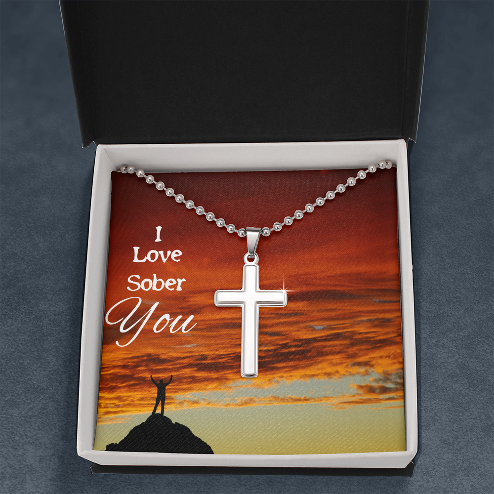 Sobriety Recovery Cross Pendant and Chain Necklace (Men or Women)  "I Love Sober You"