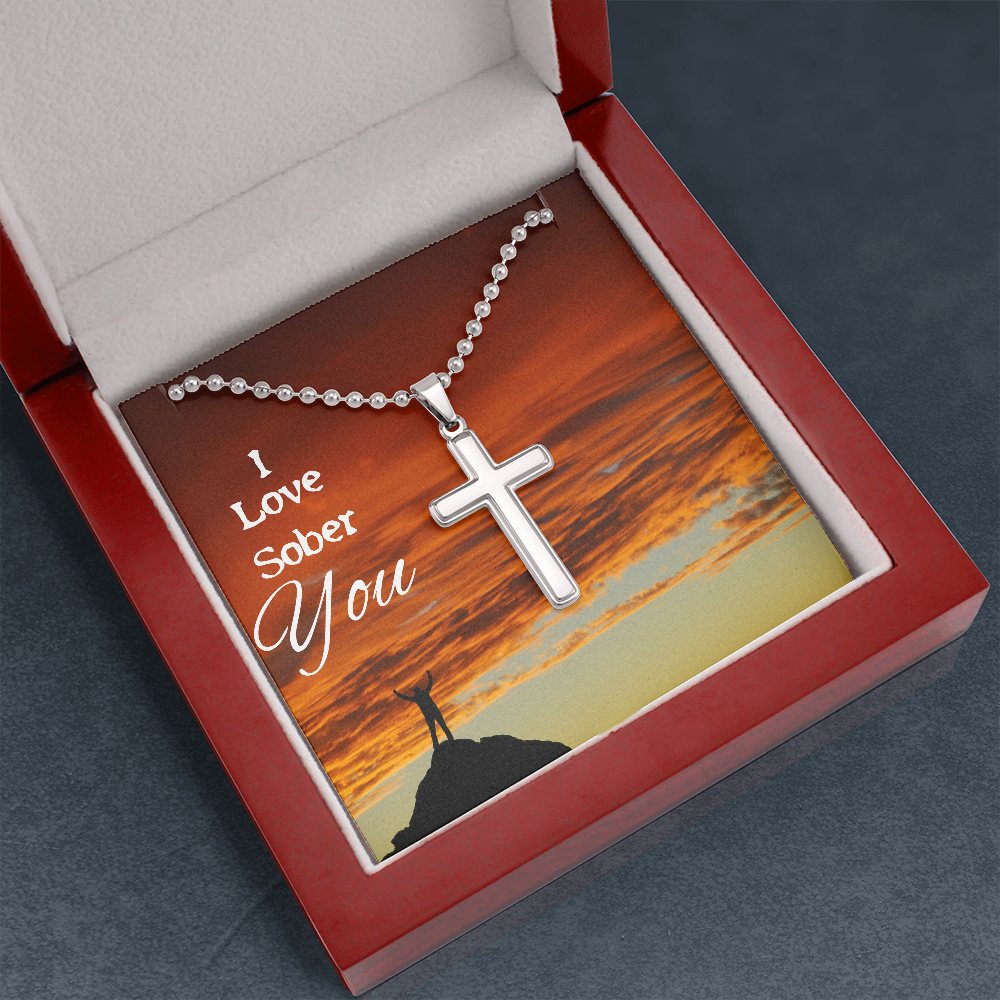 Sobriety Recovery Cross Pendant and Chain Necklace (Men or Women)  "I Love Sober You"