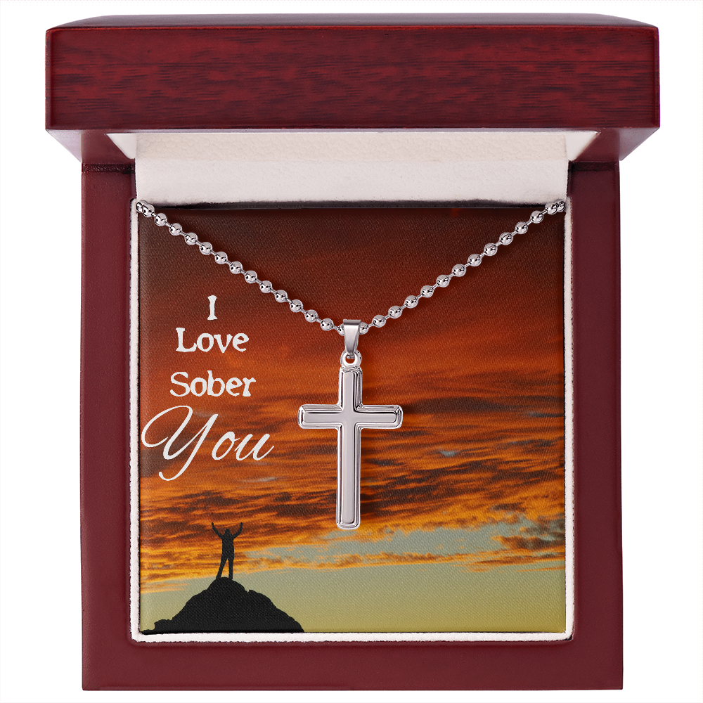 Sobriety Recovery Cross Pendant and Chain Necklace (Men or Women)  "I Love Sober You"