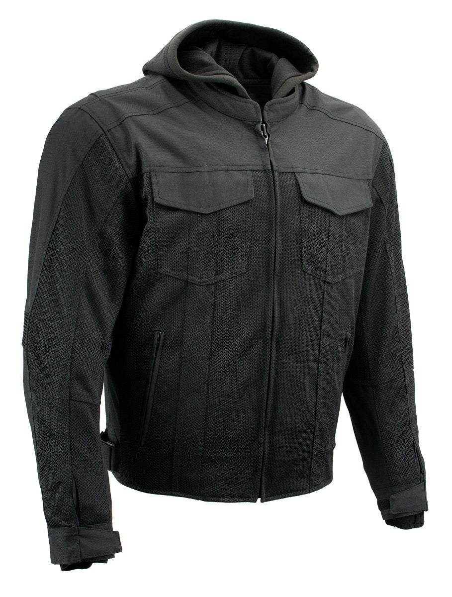 Xelement B91033 Men's 'Requiem' Black Mesh Jacket with X-Armor and Removable Hoodie