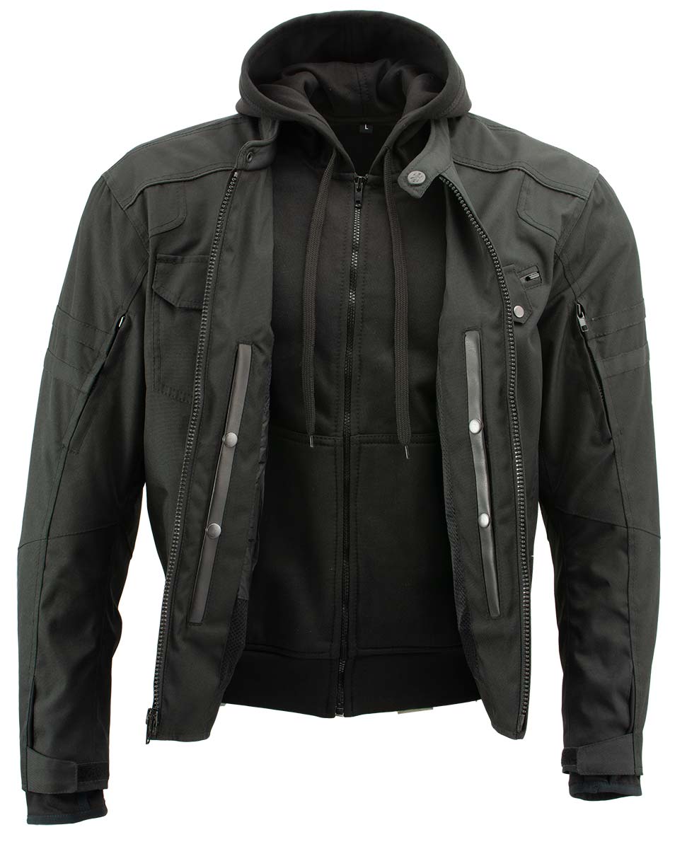 Xelement B91022 Men's 'Flight' Black Textile Jacket with X-Armor and Removable Hoodie