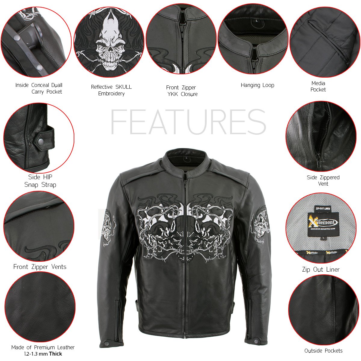 Xelement B95010 Men's 'Bones' Black Armored Cruiser Motorcycle Jacket with Reflective Skulls