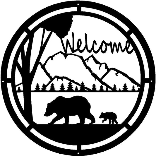 Bear & Cub Wildlife Round Welcome Sign