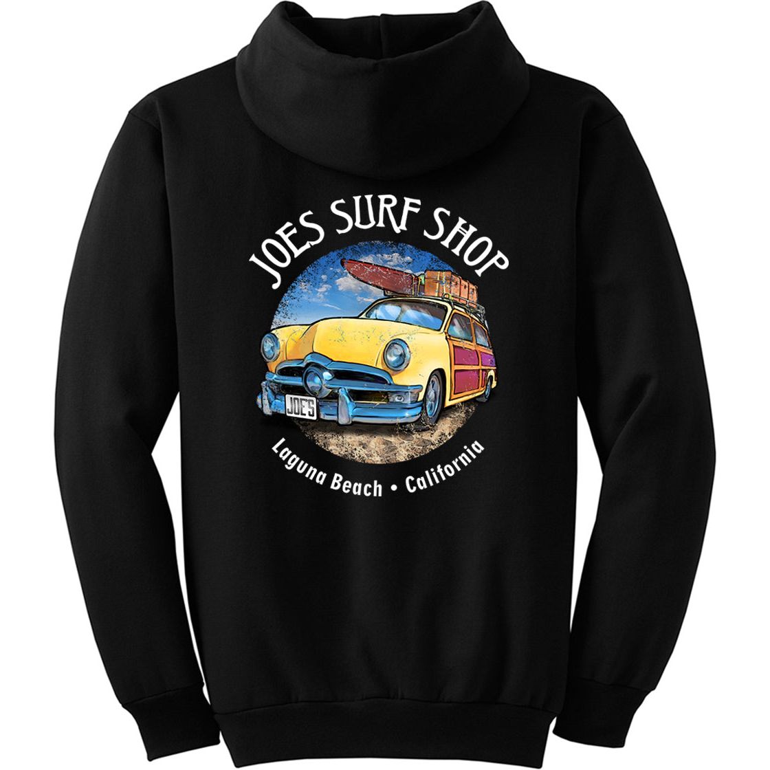 Joe's Surf Shop Yellow Woody with Surfboards Pullover Surf Hoodie