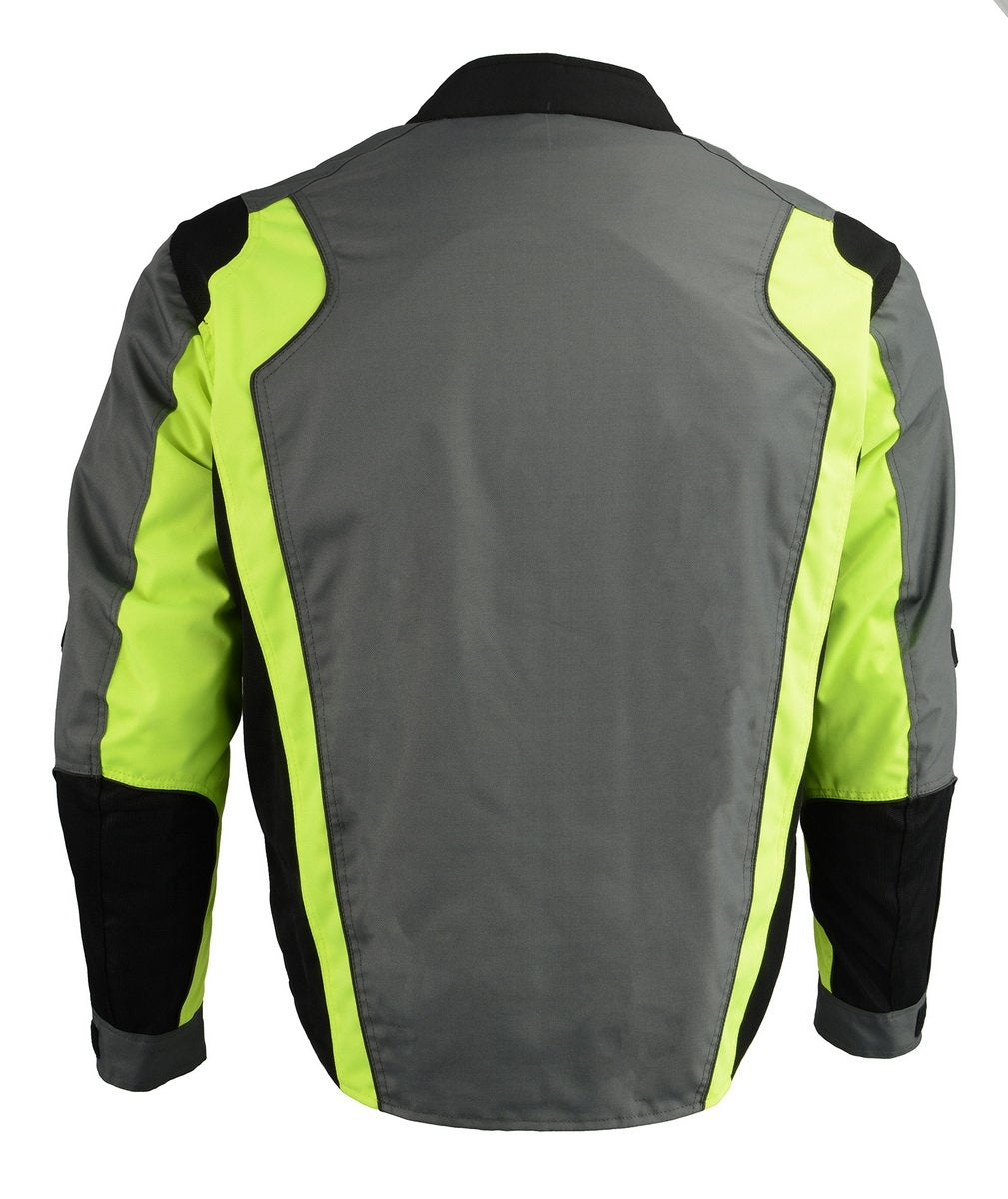 M Boss Motorcycle Apparel BOS11706 Men's Grey/Hi-Vis Green Nylon Motorcycle Racer Jacket with Armor Protection