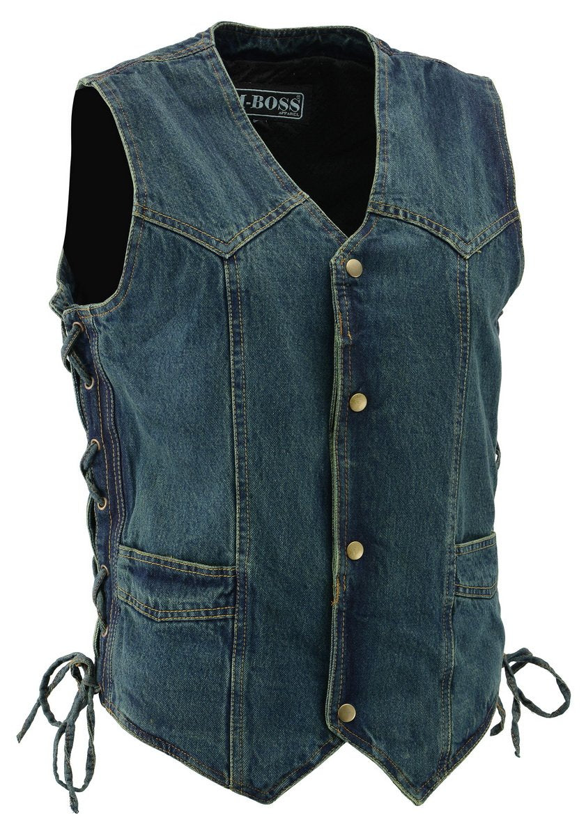 M Boss Motorcycle Apparel BOS13003 Men's Blue Denim Motorcycle Side Lace Vest with Quick Draw Pocket