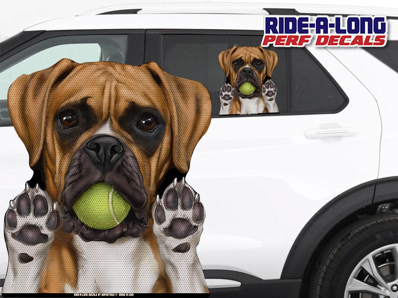 Boxer with Tennis Ball *RIDE A LONG* Perforated Decal