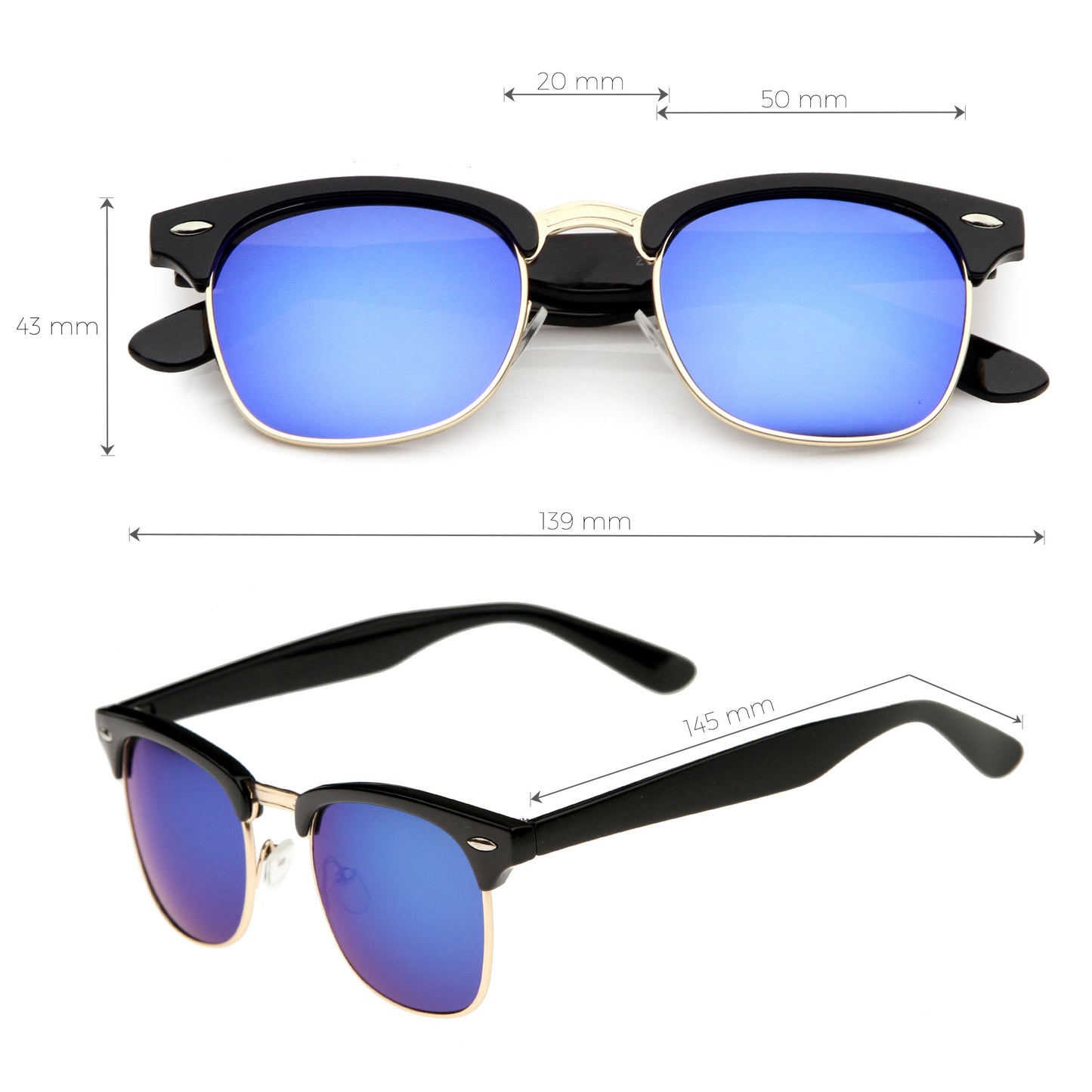 Classic Square Colored Mirrored Lens Horn Rimmed Sunglasses C772