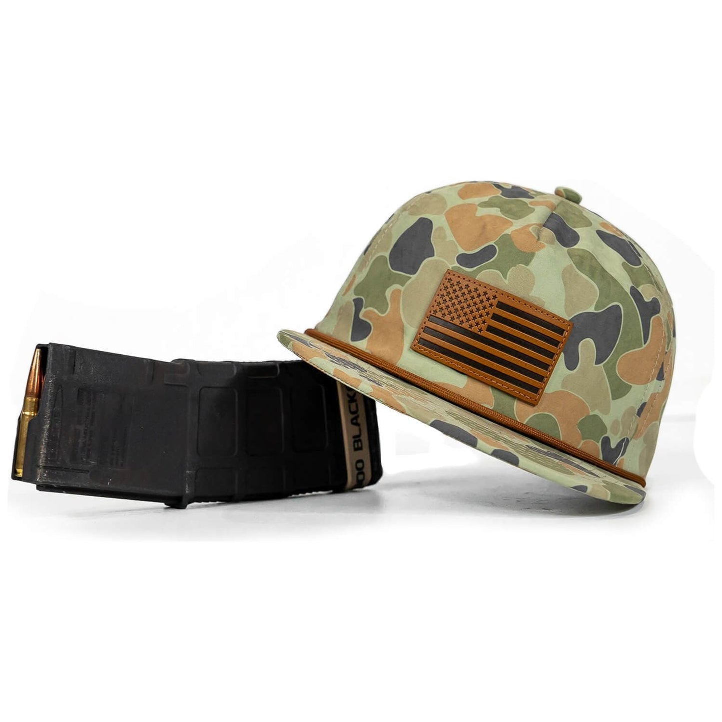 AMERICAN FLAG PATCH CRUSHABLE ROPE SNAPBACK | FROGSKIN DUCK CAMO