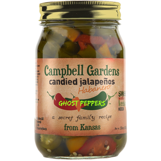 Campbell Gardens Candied Jalapeños with Habaneros and Ghost Peppers 16 oz.