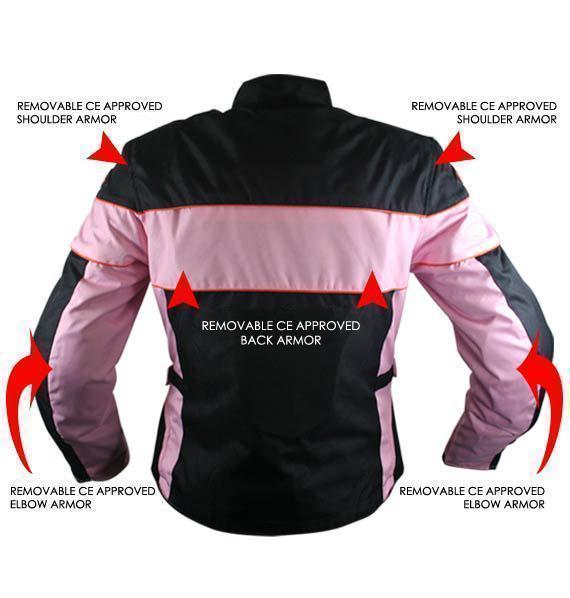 Xelement CF462 Women's 'Pinky' Black and Pink Tri-Tex Motorcycle Jacket with X-Armor Protection