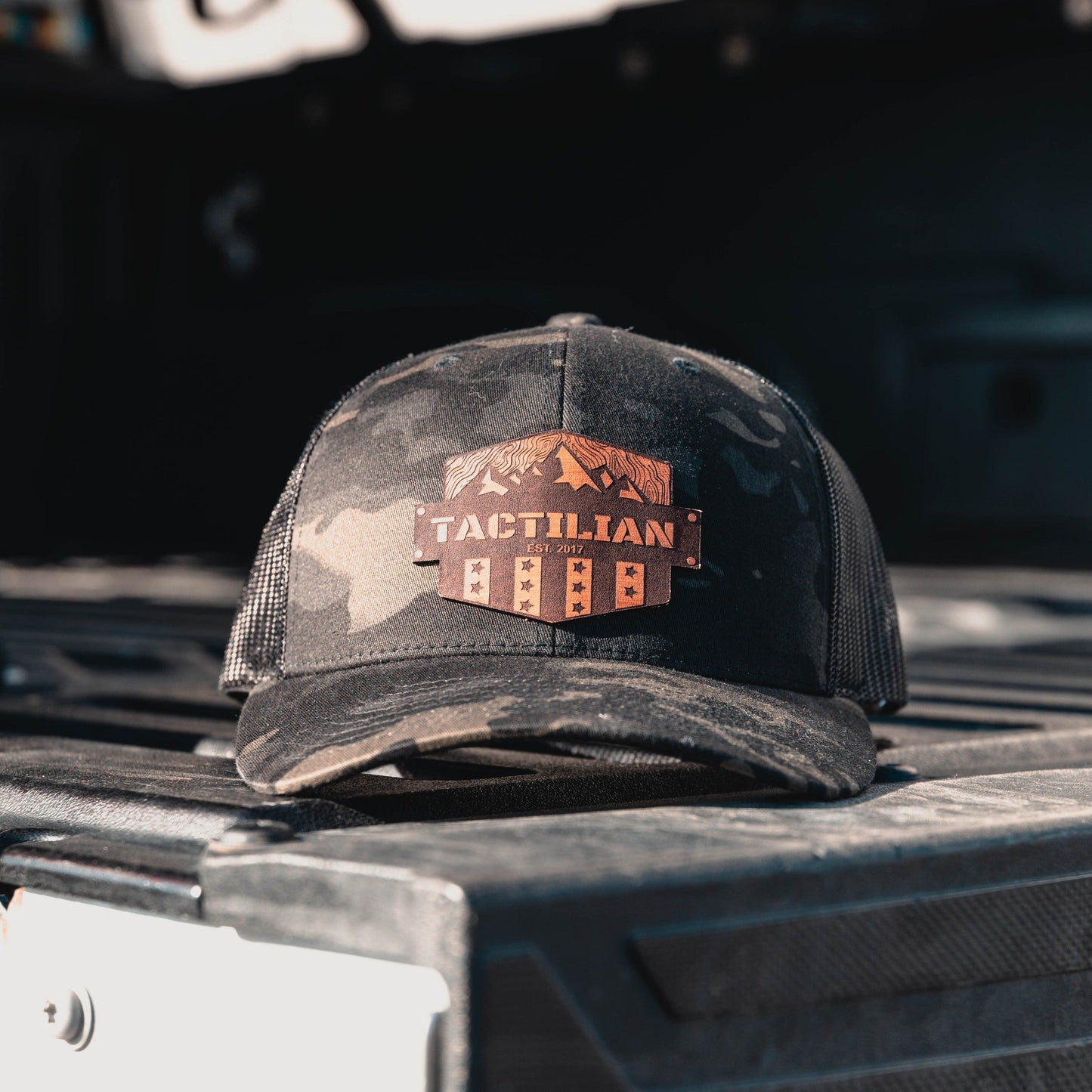 Tactilian Black Multicam Leather Patch Snap Back Hat