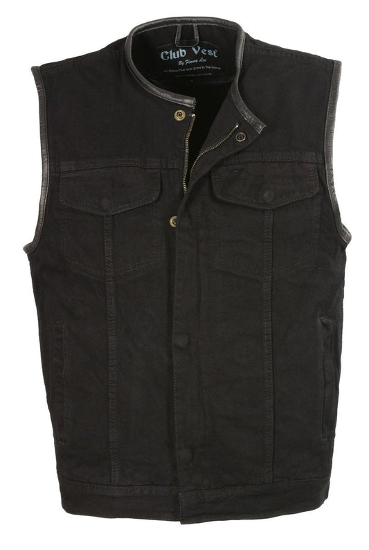 Club Vest CV3004LT Men's Black Collarless Denim Vest with Concealed Snaps and Hidden Zipper