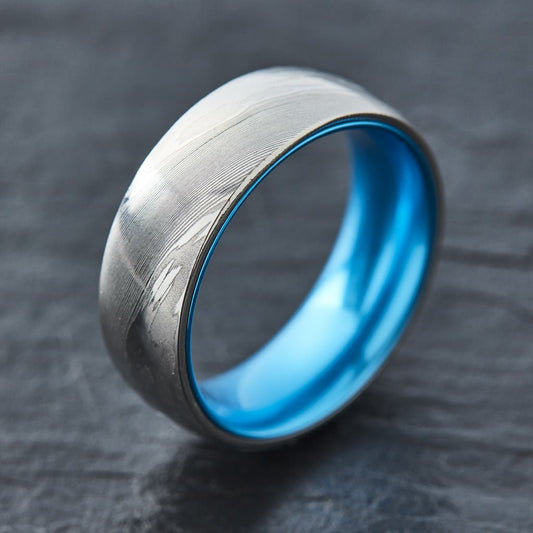 Wood Grain Damascus Steel Ring - Resilient Blue