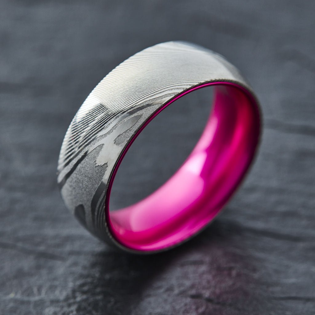 Wood Grain Damascus Steel Ring - Resilient Pink