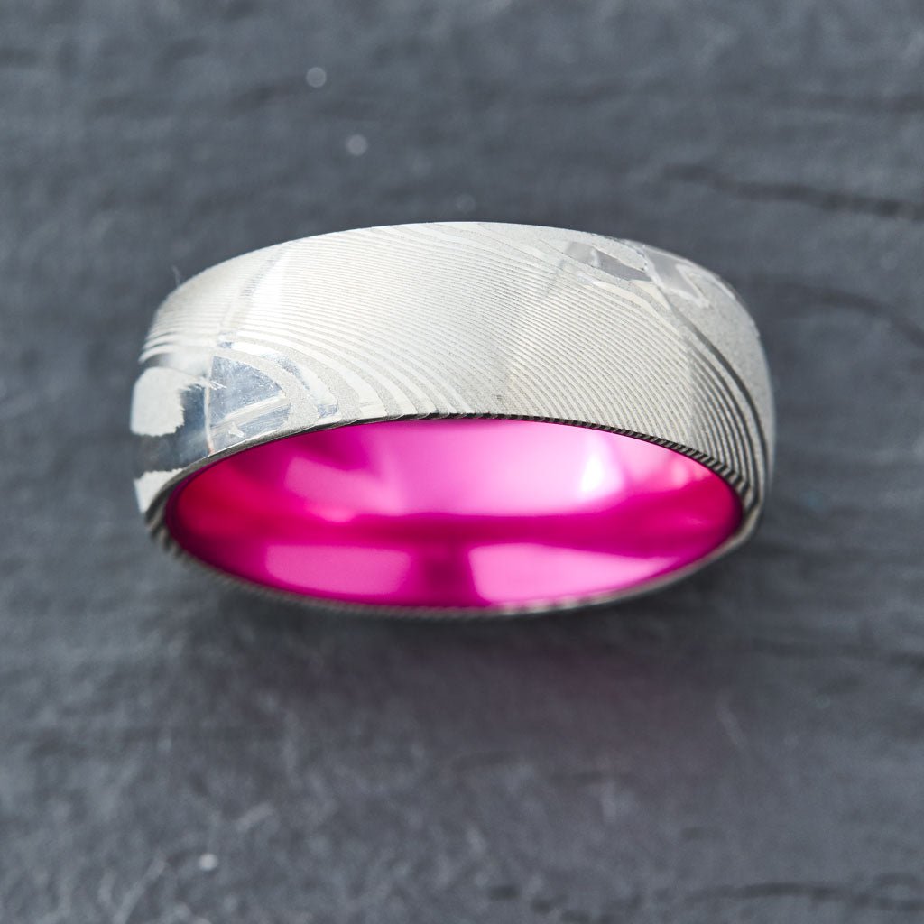 Wood Grain Damascus Steel Ring - Resilient Pink