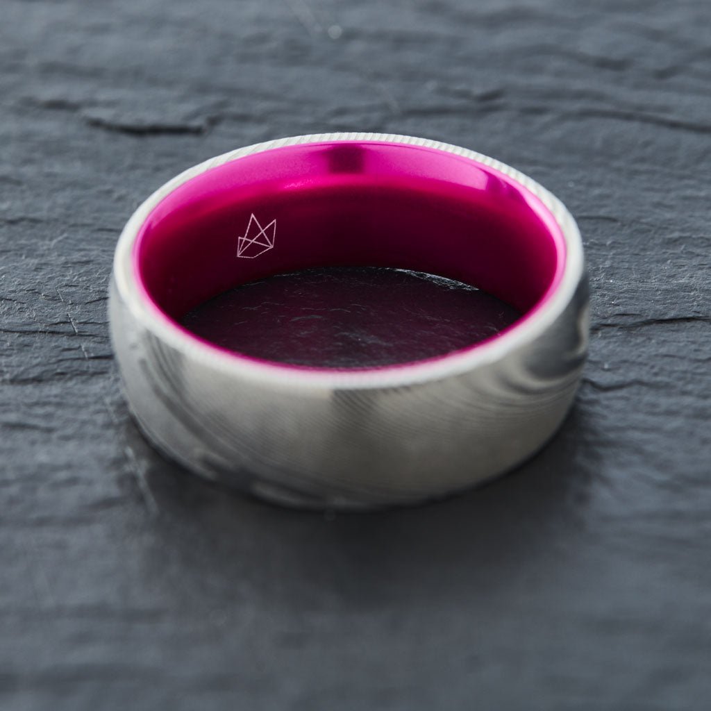 Wood Grain Damascus Steel Ring - Resilient Pink