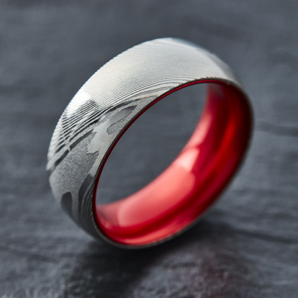 Wood Grain Damascus Steel Ring - Resilient Red