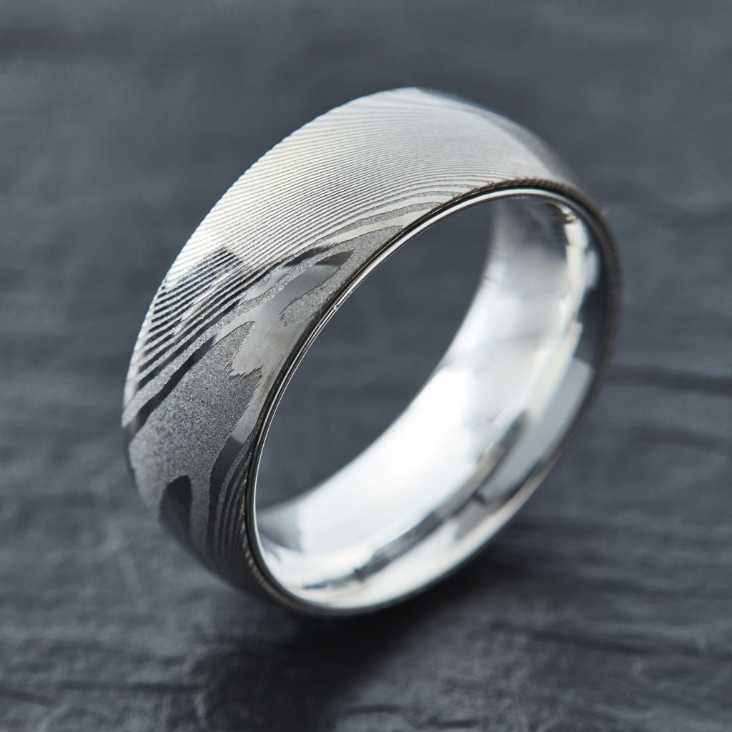 Wood Grain Damascus Steel Ring - Sterling Silver