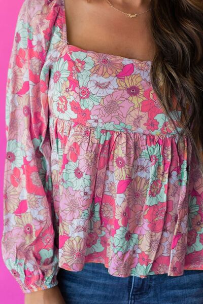 Smocked Printed Square Neck Balloon Sleeve Blouse