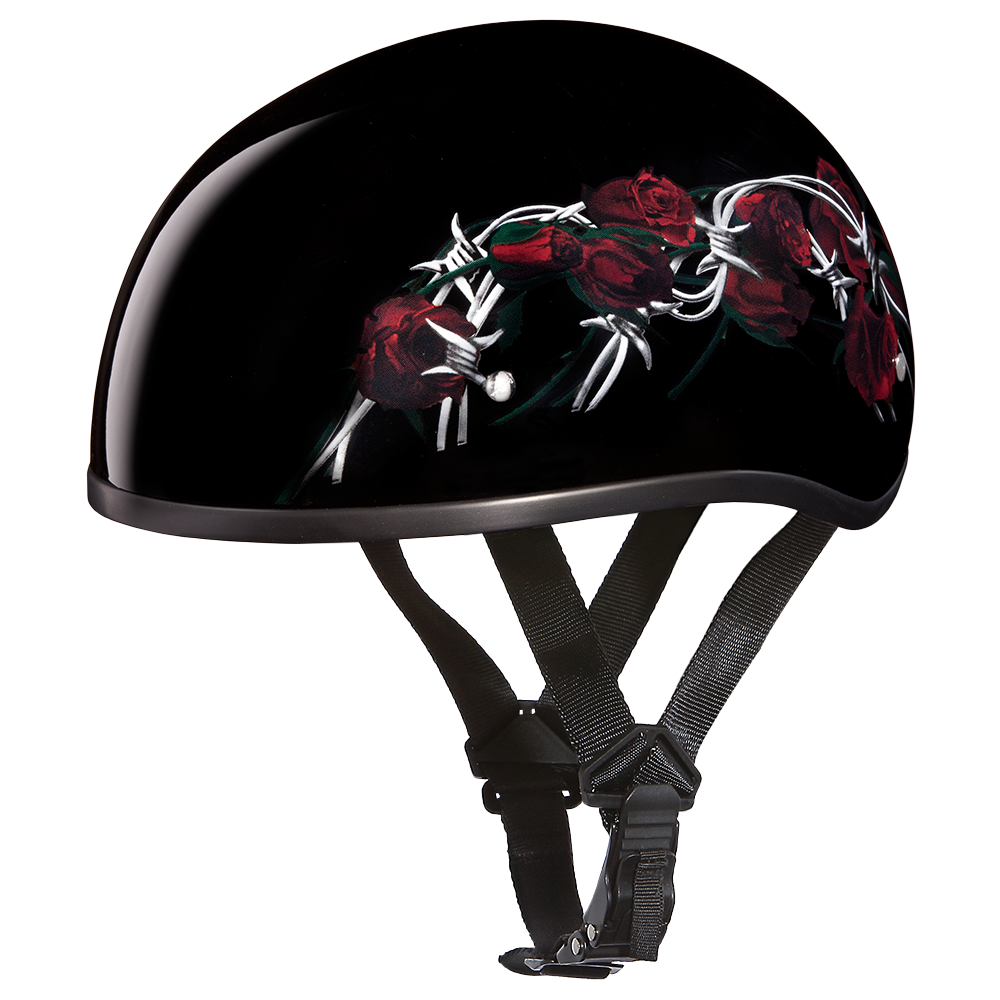 DOT Approved Daytona Motorcycle Half Face Helmet - Skull Cap Graphics for Men & Women, Scooters, ATVs, UTVs & Choppers - W/ Barbed Roses