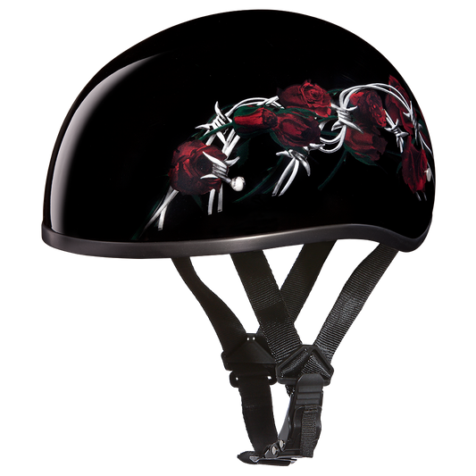 DOT Approved Daytona Motorcycle Half Face Helmet - Skull Cap Graphics for Men & Women, Scooters, ATVs, UTVs & Choppers - W/ Barbed Roses