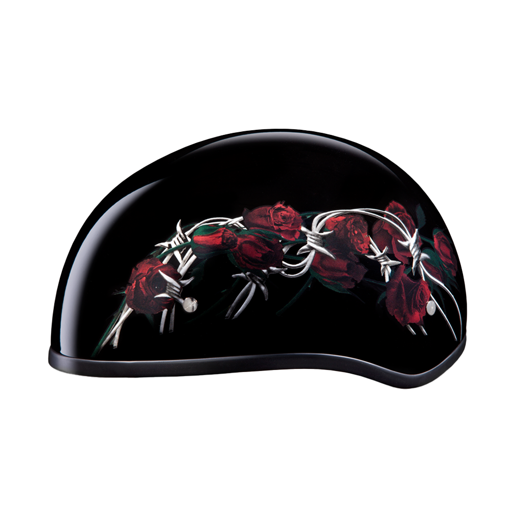 DOT Approved Daytona Motorcycle Half Face Helmet - Skull Cap Graphics for Men & Women, Scooters, ATVs, UTVs & Choppers - W/ Barbed Roses