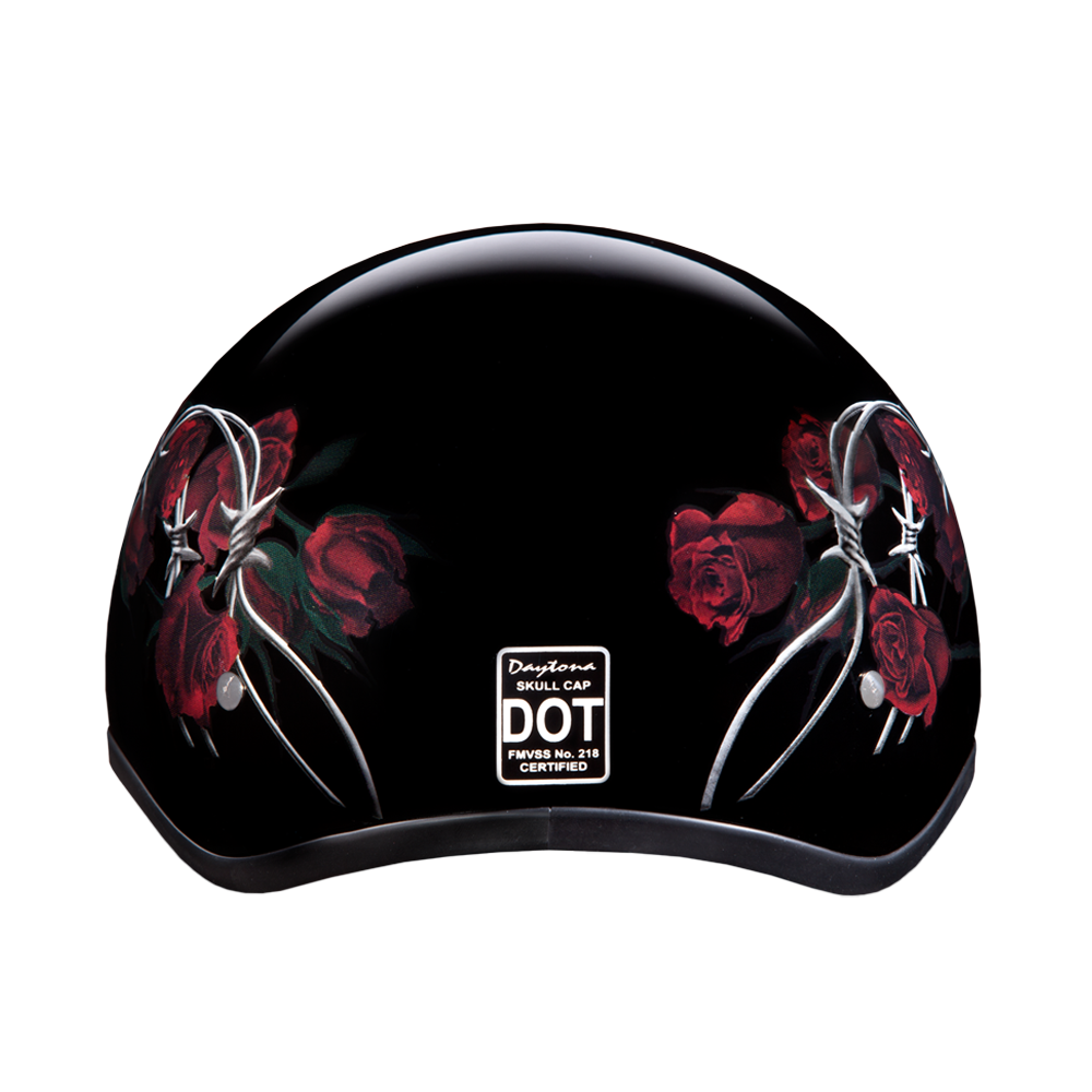 DOT Approved Daytona Motorcycle Half Face Helmet - Skull Cap Graphics for Men & Women, Scooters, ATVs, UTVs & Choppers - W/ Barbed Roses