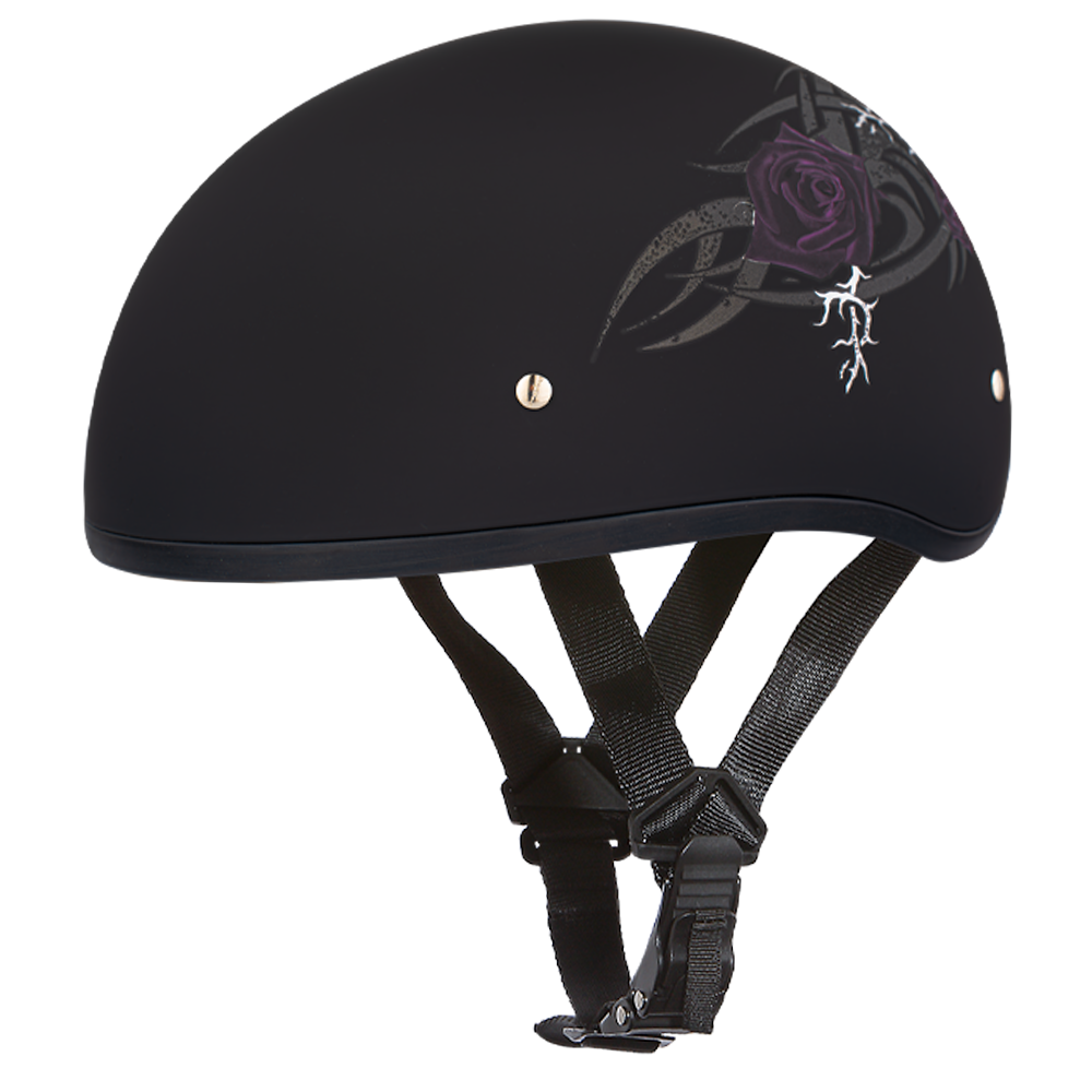 DOT Approved Daytona Motorcycle Half Face Helmet - Skull Cap Graphics for Men & Women, Scooters, ATVs, UTVs & Choppers - W/ Purple Rose