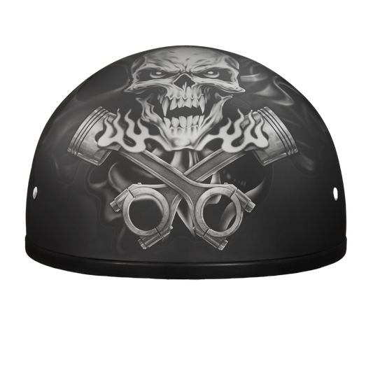 DOT Approved Daytona Motorcycle Half Face Helmet - Skull Cap Graphics for Men & Women, Scooters, ATVs, UTVs & Choppers - W/  Pistons Skull