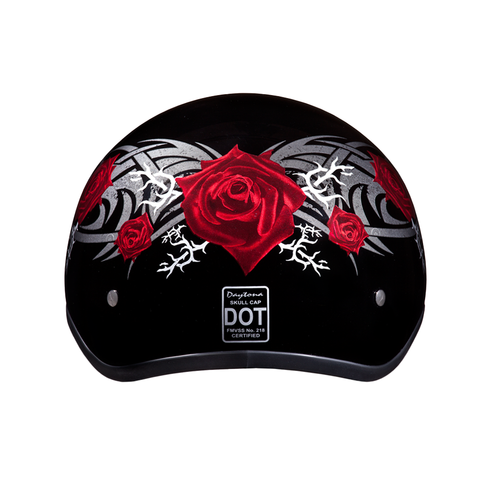 DOT Approved Daytona Motorcycle Half Face Helmet - Skull Cap Graphics for Men & Women, Scooters, ATVs, UTVs & Choppers - W/ Rose