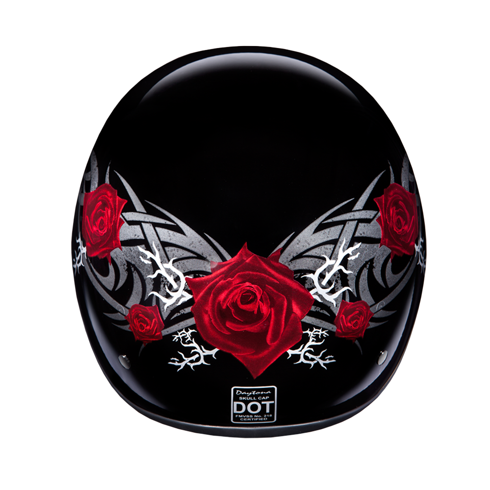 DOT Approved Daytona Motorcycle Half Face Helmet - Skull Cap Graphics for Men & Women, Scooters, ATVs, UTVs & Choppers - W/ Rose