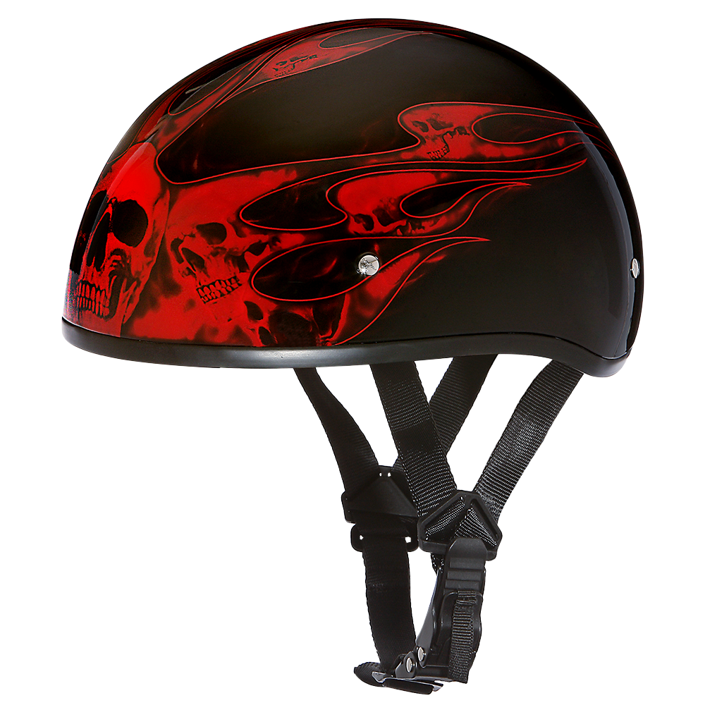 DOT Approved Daytona Motorcycle Half Face Helmet - Skull Cap Graphics for Men & Women, Scooters, ATVs, UTVs & Choppers - W/ Skull Flames Red