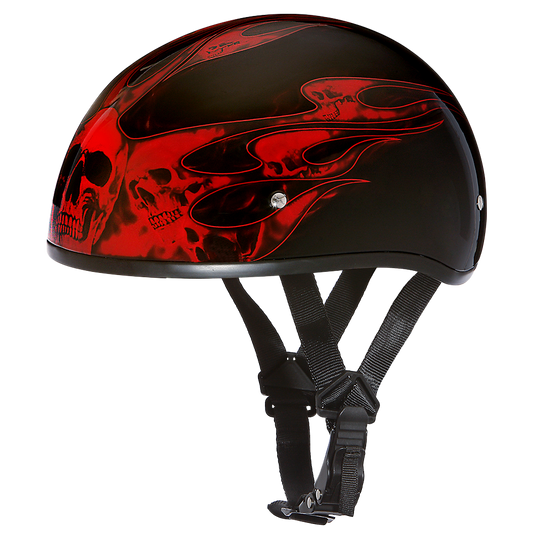 DOT Approved Daytona Motorcycle Half Face Helmet - Skull Cap Graphics for Men & Women, Scooters, ATVs, UTVs & Choppers - W/ Skull Flames Red