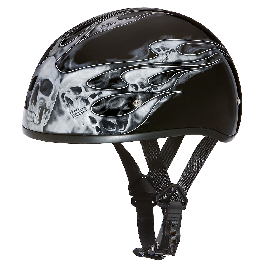 DOT Approved Daytona Motorcycle Half Face Helmet - Skull Cap Graphics for Men & Women, Scooters, ATVs, UTVs & Choppers - W/ Skull Flames Silver