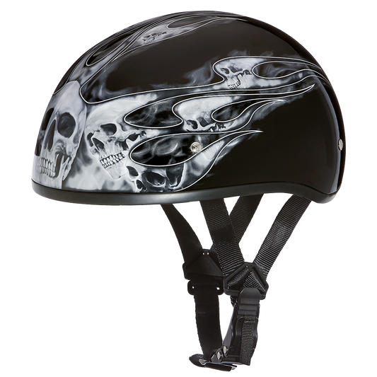 DOT Approved Daytona Motorcycle Half Face Helmet - Skull Cap Graphics for Men & Women, Scooters, ATVs, UTVs & Choppers - W/ Skull Flames Silver