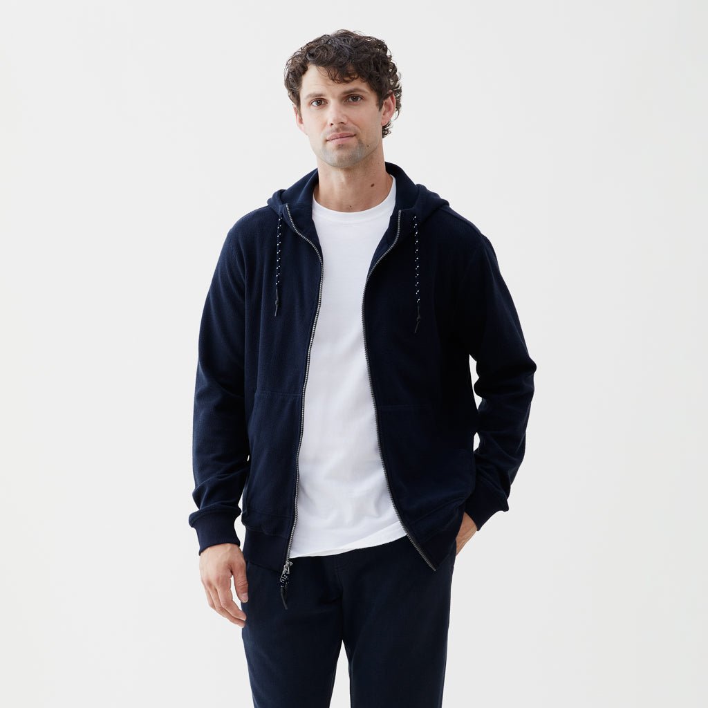 Danny Full-Zip Rib Knit Hoodie  - Navy Blazer