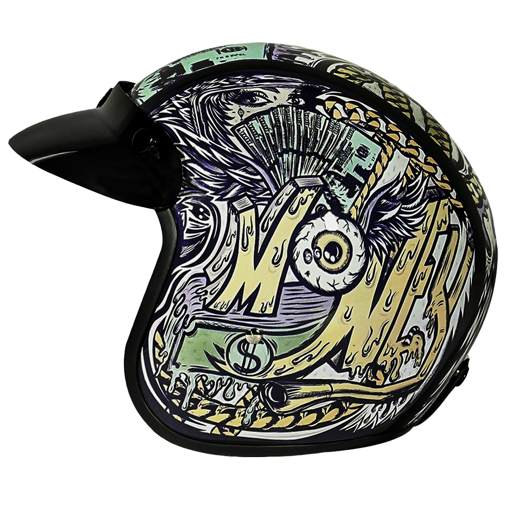 DOT Approved Daytona Cruiser Open Face Motorcycle Helmet - Men, Women & Youth - With Visor & Graphics - W/ Money