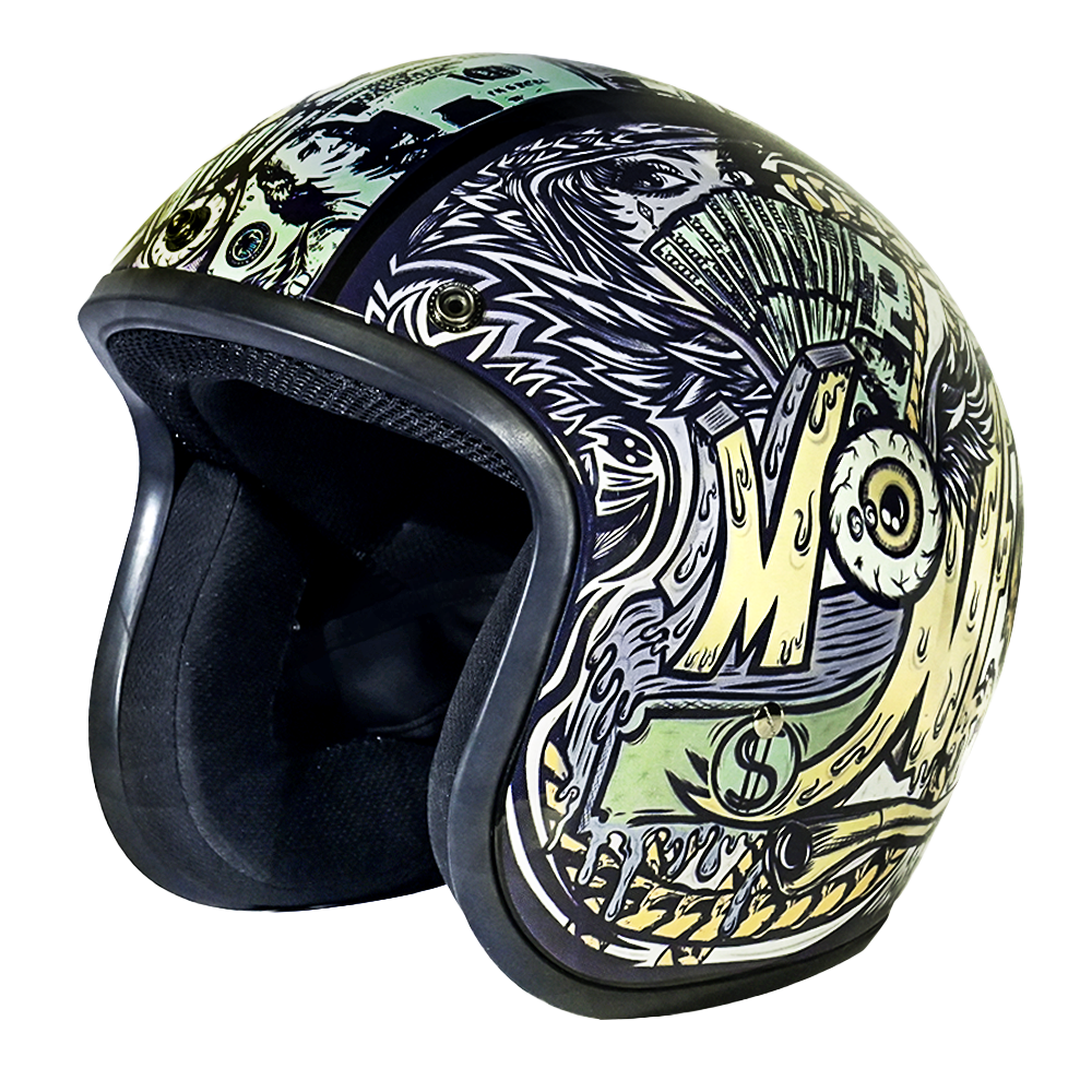 DOT Approved Daytona Cruiser Open Face Motorcycle Helmet - Men, Women & Youth - With Visor & Graphics - W/ Money