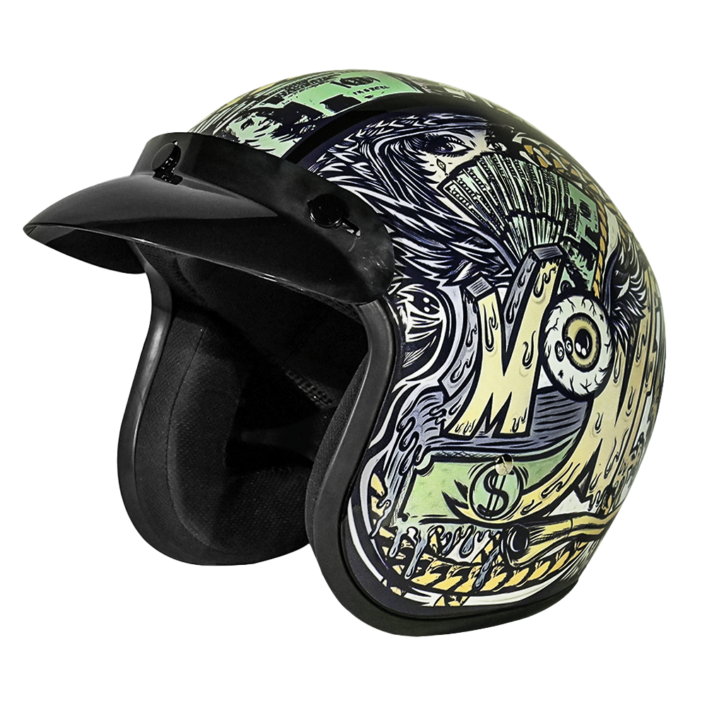 DOT Approved Daytona Cruiser Open Face Motorcycle Helmet - Men, Women & Youth - With Visor & Graphics - W/ Money