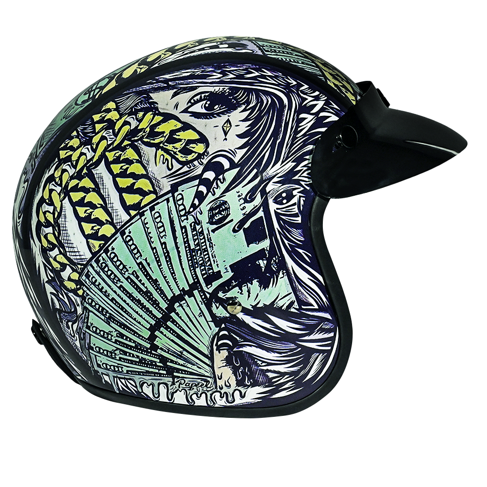 DOT Approved Daytona Cruiser Open Face Motorcycle Helmet - Men, Women & Youth - With Visor & Graphics - W/ Money