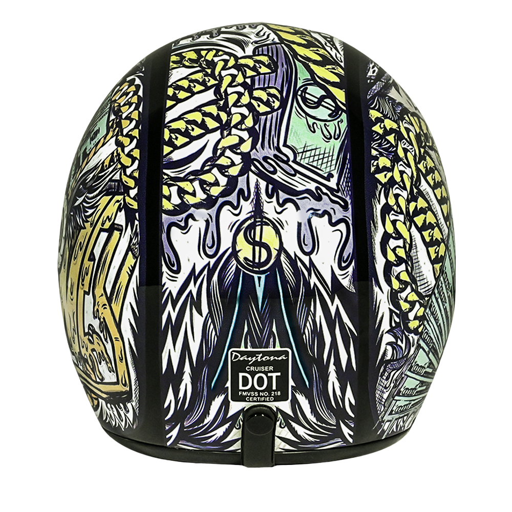 DOT Approved Daytona Cruiser Open Face Motorcycle Helmet - Men, Women & Youth - With Visor & Graphics - W/ Money