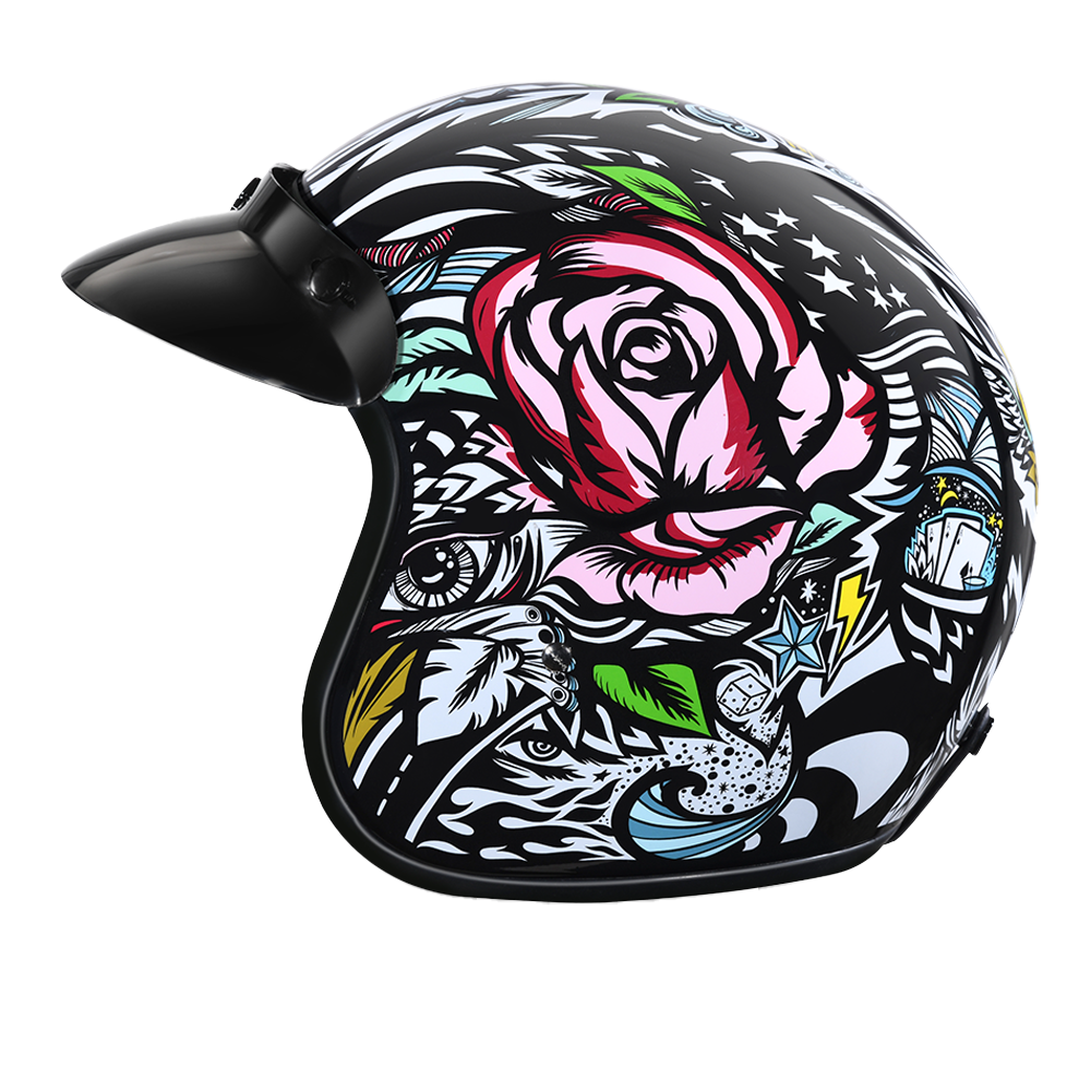 DOT Approved Daytona Cruiser Open Face Motorcycle Helmet - Men, Women & Youth - With Visor & Graphics - W/ Tribal