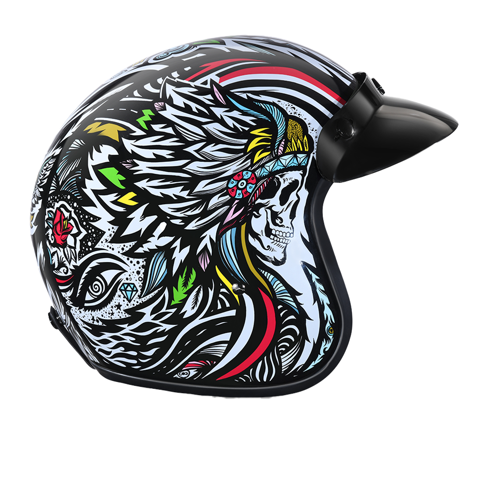 DOT Approved Daytona Cruiser Open Face Motorcycle Helmet - Men, Women & Youth - With Visor & Graphics - W/ Tribal