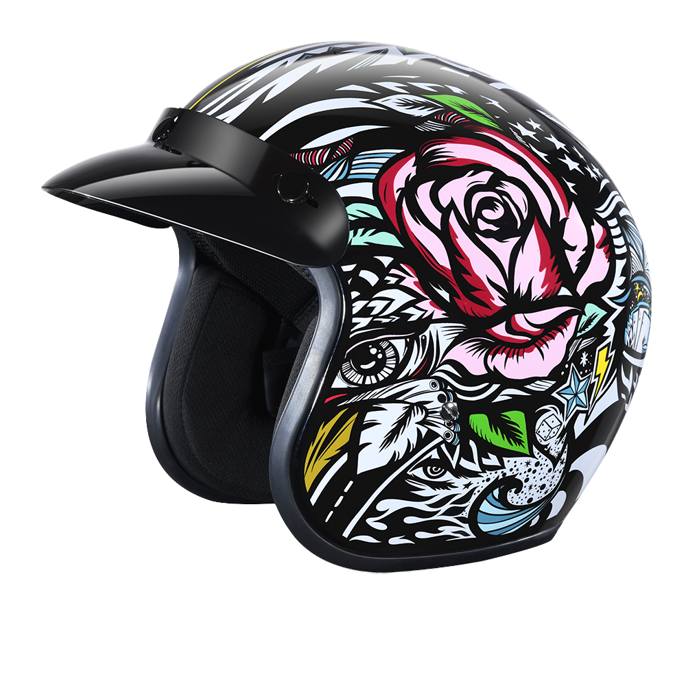 DOT Approved Daytona Cruiser Open Face Motorcycle Helmet - Men, Women & Youth - With Visor & Graphics - W/ Tribal