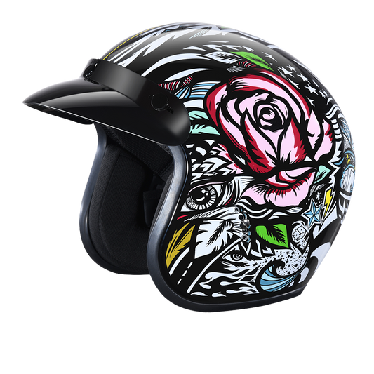 DOT Approved Daytona Cruiser Open Face Motorcycle Helmet - Men, Women & Youth - With Visor & Graphics - W/ Tribal