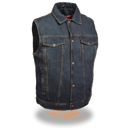 Milwaukee Leather DM1331 Men's Blue Denim Motorcycle Biker Riders Vest with Shirt Style Collar